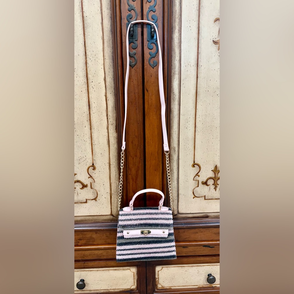 Elegant Pink & Grey Crochet Striped Mini Bag with Gold Chain Strap